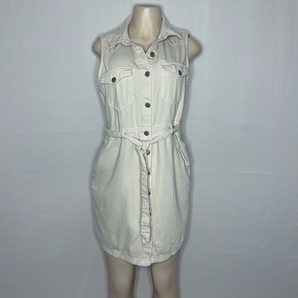 Velvet Heart Denim Sleeveless Shirt Dress Ivory Button Front M capsule wardrobe